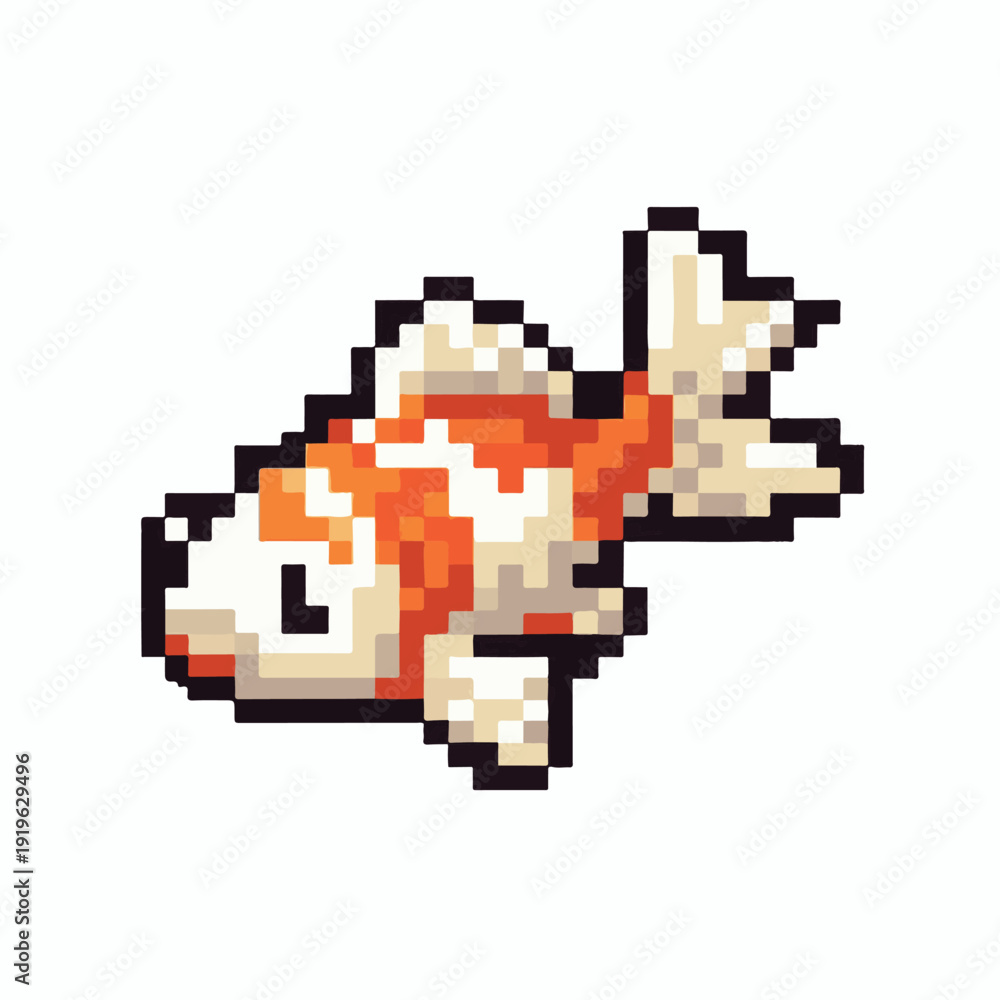 Fototapeta premium Pixel Art Koi Fish Icon – Retro 8 Bit Orange and White Fish Illustration