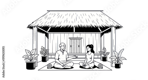 Elderly man teaching young woman meditation in traditional open-air hut