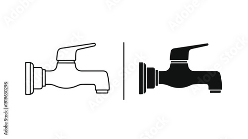Line drawing and solid black silhouette of a faucet side by side on a white background.