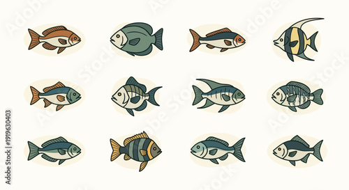 Colorful fish illustrations on white background