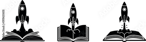 Rocketships emerging from open books