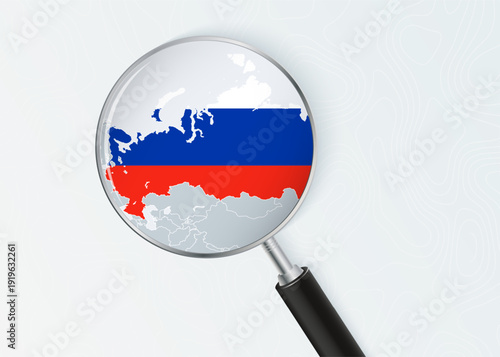 Russia Map Under Magnifying Glass with National Flag Overlay.