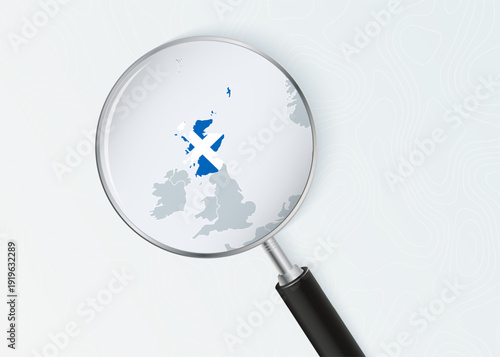 Scotland Map Under Magnifying Glass with National Flag Overlay.