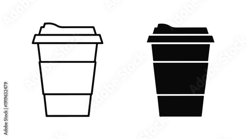 Black and white illustrations of two disposable coffee cups with lids on a plain white background.