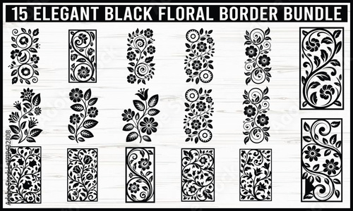 Elegant black floral border bundle featuring intricate floral designs and patterns isolated on white background, Vector