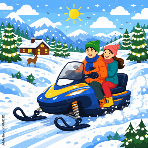 Winter Snowmobile Ride Couple in Snowy Mountain Landscape Illustration