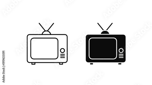 Line art illustration of two vintage television sets, one in black and white and the other in black, against a clean white background.