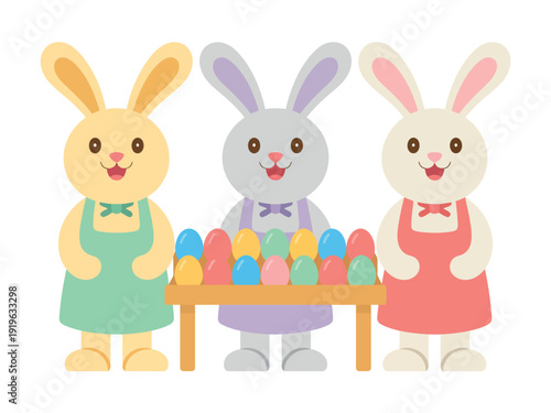 Three friendly cartoon bunnies, each wearing a pastel apron, standing beside a small table laden with a colorful assortment of decorated Easter eggs.