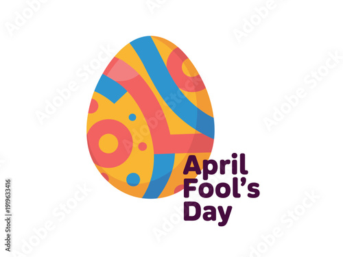 Decorative Easter egg features a vibrant, abstract geometric pattern in yellow, blue, and red-orange colors, commemorating April Fool's Day.