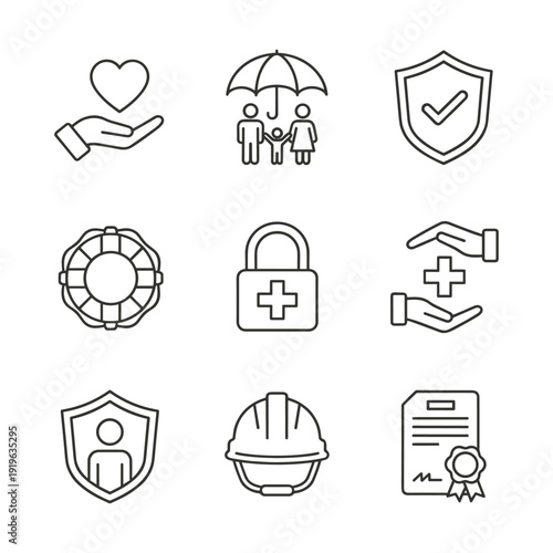 Insurance and Safety Protection Outline Icon Set with Shield, Life Preserver, and Coverage Symbols