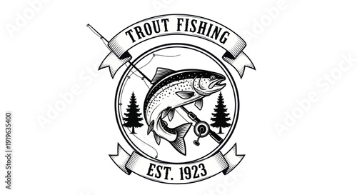 Vintage Trout Fishing Emblem with Rod, Reel, and Trees