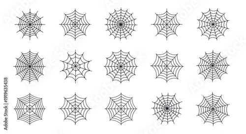 Collection of Fifteen Intricate Spider Web Illustrations on White Background