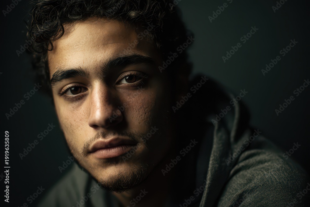 Fototapeta premium Front-view portrait of a young man under harsh, moody studio lighting