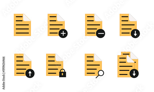 Document File Management Icons Set – Upload, Download, Add, Delete, Secure & Search File Vector Illustration