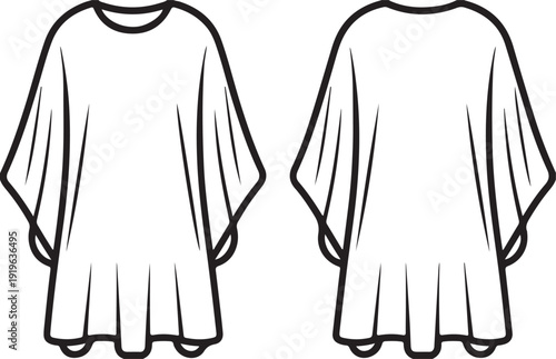 Long Sleeve Flowy Mini Dress Front and Back View Flat Fashion CAD Outline Template Women Apparel Illustration.