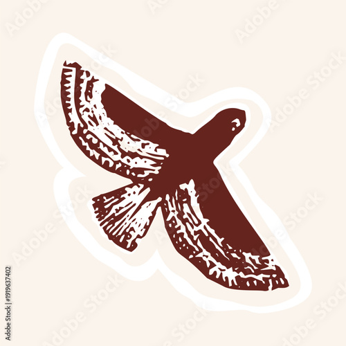 Hand drawn bird flying accent flourish illustration motif. Ethnic block print style bird soaring shape. Isolated flat vector editable. Decorative animal flight style creative design element