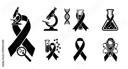 Black ribbon awareness symbols for various causes and diseases.