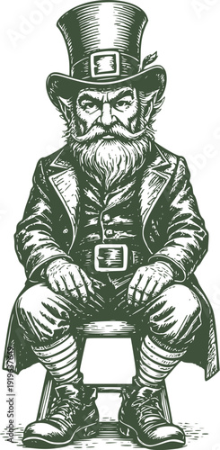 Irish Leprechaun Sitting On Chair For Saint Patrick Day Vintage Retro Vector