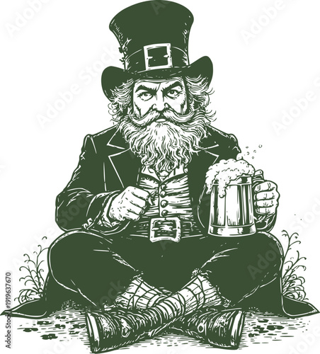 Irish Leprechaun Sitting With Beer Mug For Saint Patrick Day Vintage Retro Vector Engraving Illustration Poster Print Tshirt Card