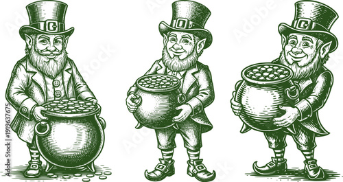 Irish Leprechaun Vector Set Collection With Pot Of Gold For Saint Patrick Day Vintage Retro Engraving Illustration Poster Print Tshirt Card Cartoon