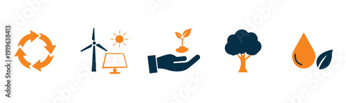 Collection of five diverse icons representing environmental sustainability and natural resources isolated on transparent background