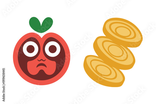 Sad cartoon tomato character and sliced yellow root vegetables float.