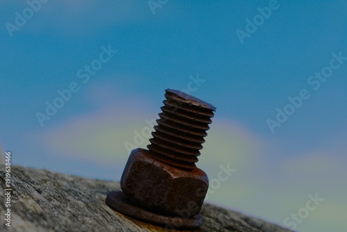 Rusty nut and bolt fixed in very old wood