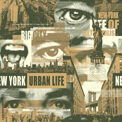A vector banner themed urbanism and street art featuring human eyes, mouths, newspaper headlines, Manhattan Bridge and Statue of Liberty on background of New York. Seamless pattern, t-shirt. 