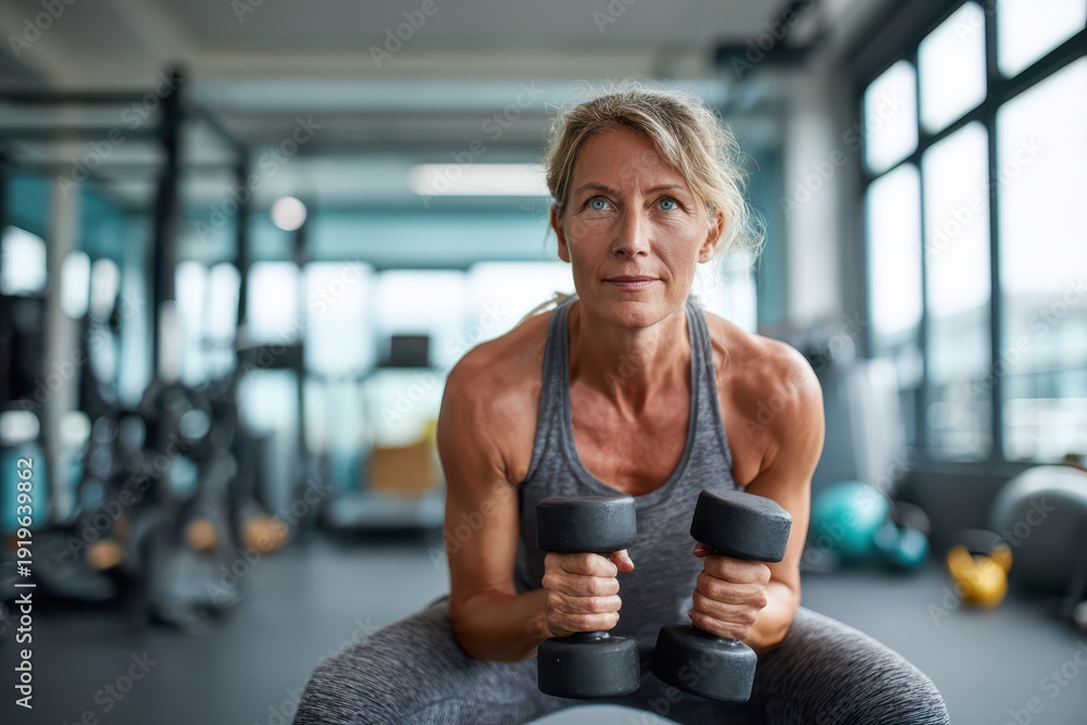 Fototapeta premium Determined mature woman performing a dumbbell squat in a modern gym