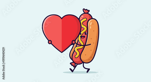 Cute Hot Dog Character Holding a Big Red Heart.