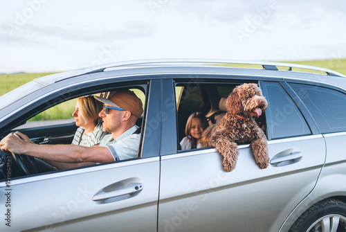 Happy family with maltipoo dog traveling in silver car during summer road trip holiday vacation featuring man woman and child looking forward in outdoor nature meadow background area for journey