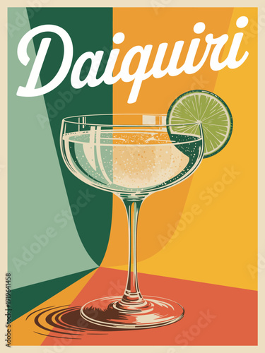 Daiquiri poster, white retro script typography with frothy cocktail surface and dramatic glass shadow detail