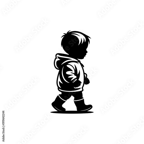 A charming black and white vector illustration of a small boy walking in a raincoat and boots. A clean, high-contrast character design isolated on a white background.