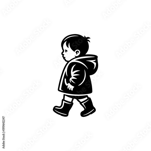 A charming black and white vector illustration of a small boy walking in a raincoat and boots. A clean, high-contrast character design isolated on a white background.