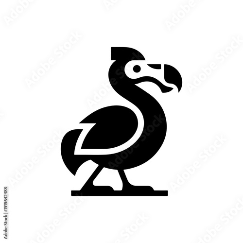 A bold black and white vector silhouette of an extinct dodo bird. A clean, high-contrast graphic featuring the bird's unique beak and form, isolated on a white background.