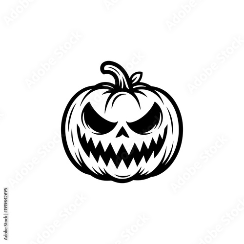 A bold black and white vector illustration of a spooky Jack-o'-lantern. This high-contrast Halloween graphic features a classic jagged grin and menacing eyes.