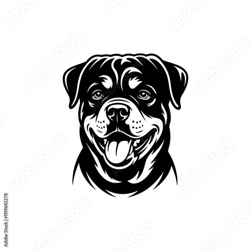 A bold black and white vector illustration of a Rottweiler dog's head in profile. This high-contrast portrait captures the breed's powerful jaw and alert expression.