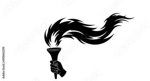 Hand holding a torch with flowing flame.