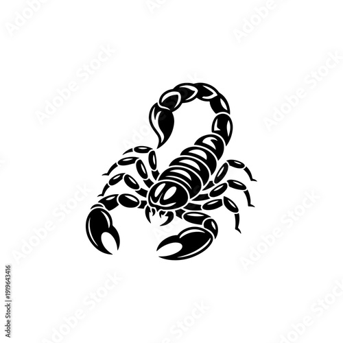 A bold black and white vector illustration of a scorpion. This high-contrast graphic features a curved stinger, sharp pincers, and segmented body on a white background.