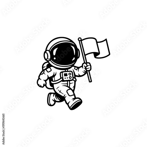 A cute black and white vector illustration of a cartoon astronaut walking while holding a flag and giving a thumbs up. A simple, high-contrast space-themed graphic.