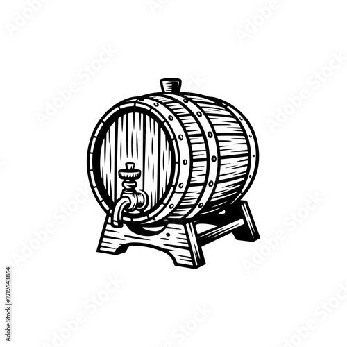 A bold black and white vector illustration of a traditional wooden barrel with a tap on a stand. This high-contrast graphic features detailed wood grain and texture.