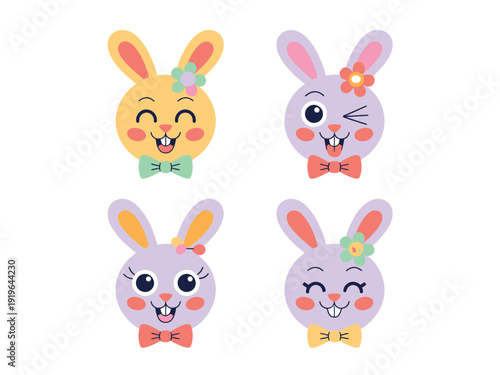Four expressive cartoon bunny faces display different cheerful expressions including winking and smiling with bow ties.
