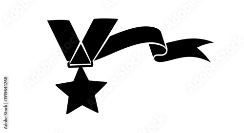 Black emblem with star and ribbon on white background.