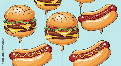 Delicious Burgers and Hot Dogs Floating as Party Balloons.
