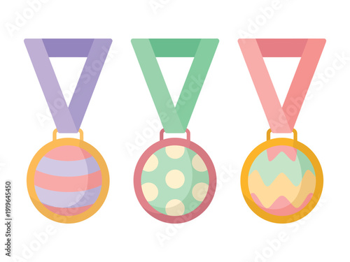 Three stylized Easter themed medals feature pastel patterns on the circular medallions suspended by colored ribbons.