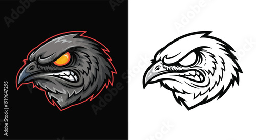 Fierce angry eagle or hawk head mascot illustration in color and black and white outline versions, perfect for sports teams or gaming logos.