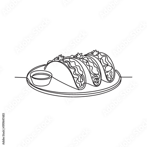 Line drawing of three tacos and a small dipping sauce container