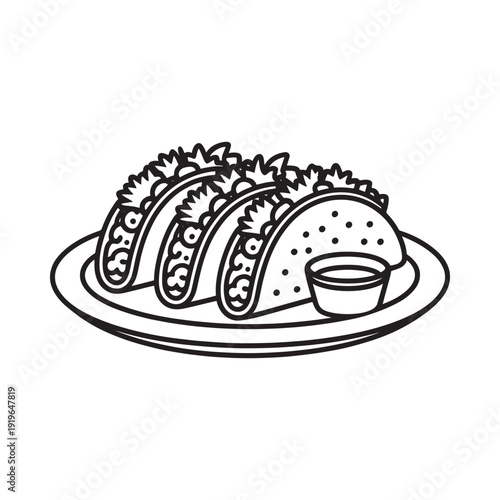 Black and white illustration of tacos on a plate with dipping sauce