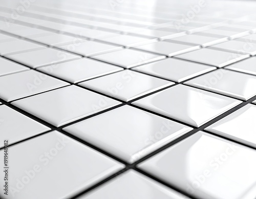Glossy white square tiles with black grout, perspective view © almarkha