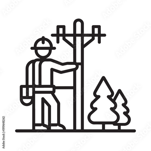 Lineman working on a utility pole near trees simple line art style